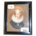 An oval bust portrait miniature, of a lady wearing a bonnet and a ruff, watercolour, 10.5 x 8 cm