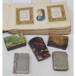 Two 19th century papier mache snuff boxes, a vesta case, a stamp box, a tortoiseshell case,