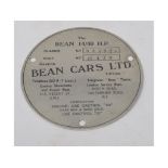 A Bean Cars Ltd 14/40 HP chassis plate, No B49584, body number K178