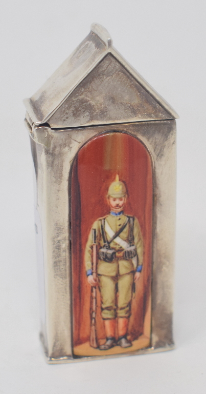 A novelty silver vesta case, in the form of a sentry box, 6 cm high Modern