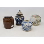 A Chinese blue and white vase and cover, 16.5 cm high, two ginger jars, and another (4)