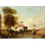 Dutch school, 19th century, figures crossing a river on their way back home from the market, oil