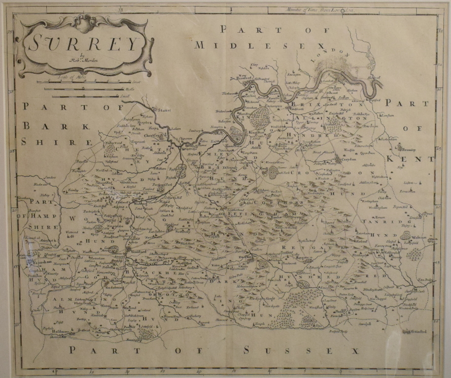 Surrey. A Robert Morden map, Surrey, mounted, 36 x 42 cm, and another, tinted, mounted, 37 x 43 - Image 2 of 2