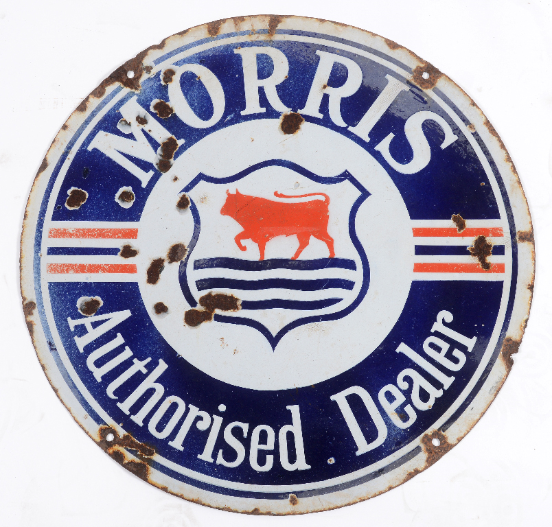 A circular double sided enamel advertising sign, Morris Authorised Dealer, 72 cm diameter See