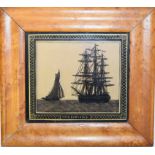 A silhouette, HMS Euryalus, 12.5 x 14.5 cm, in a maple frame