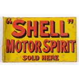 A double sided enamel advertising sign, Shell Motor Spirit Sold Here, with hanging flange, 53 cm