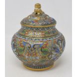 A Chinese cloisonné jar and cover, with a Dog of Fo finial, 15 cm high