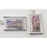 A novelty silver stamp box, decorated a cricketer, and another similar (2) Modern