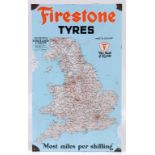 An enamel advertising sign, Firestone Tyres with pictorial image of England and Wales, 123 x 73 cm