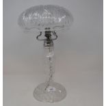 A cut glass mushroom lamp and cover, 43 cm high