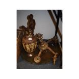 A copper two handled tray, 66 cm wide, a pottery ewer, 53.5 cm high and a five branch electrolier,