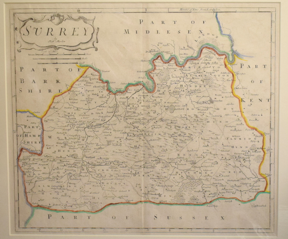 Surrey. A Robert Morden map, Surrey, mounted, 36 x 42 cm, and another, tinted, mounted, 37 x 43