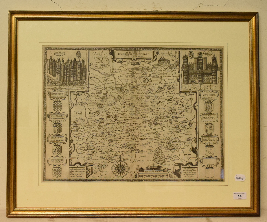 Surrey. A John Speed map, Surrey Described And Divided into Hundreds, with vignettes of Richmont and - Image 2 of 3