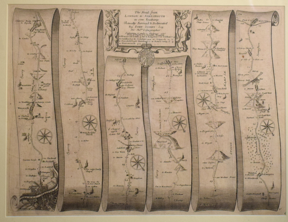 Road Map. A John Ogilby road map, The Road from London to Portsmouth, mounted, 33.5 x 43.5 cm, and