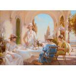 J H C, four Art Deco ladies taking tea, oil on canvas, initialled, 55 x 75 cm See inside front cover