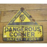 An Automobile Association (AA) Safety First triangular enamel information sign, Dangerous Corner,