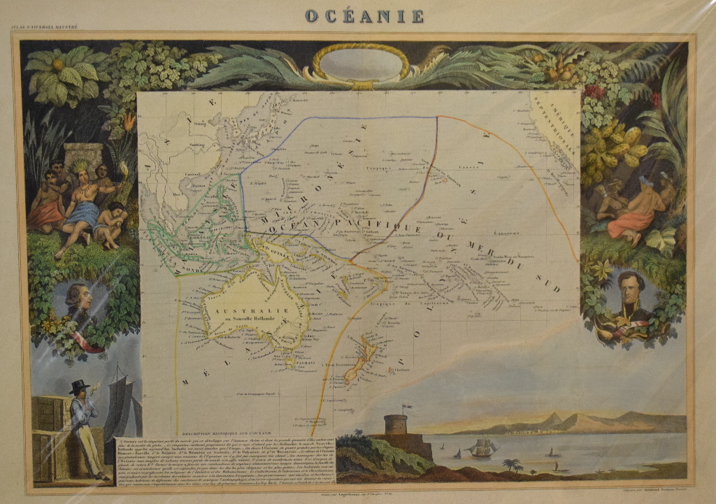 Ocean. A coloured map, Oceanie, with various vignettes, mounted, 33 x 47 cm, and two regional