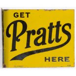 A double sided enamel advertising sign, Get Pratts Here, with hanging flange, 56 cm wide See
