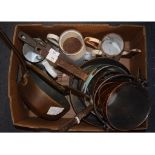 Assorted copper pans, and three enamel jugs (box)