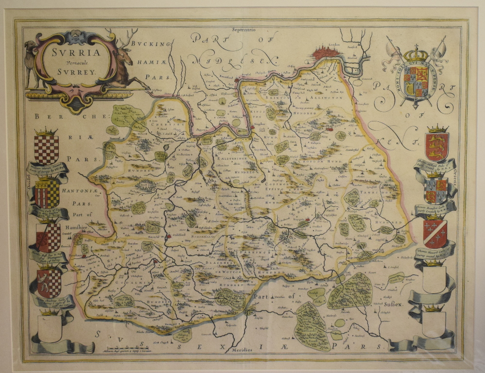 Surrey. A Willem Blaeu coloured map, Surria Vernacule Surrey, mounted, 40 x 51 cm