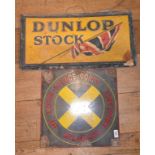 A circa 1920s Dunlop Stock sign, with Union Jack decoration, 62 cm wide, and an enamel sign, HF