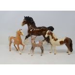 A Beswick Pinto Pony, 1st version, skewbald, 1373, a Shire Foal, brown, 1033, a Donkey Foal, 953,
