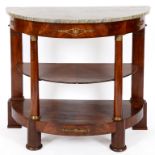 A French D shaped mahogany console table, with gilt metal mounts, the marble top above two tiers,