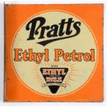 A double sided enamel advertising sign, Pratts Ethyl Petrol, with hanging flange, 40 cm wide See
