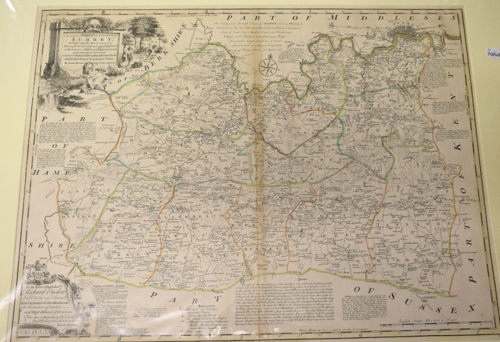 Surrey. An Emanuel Bowen tinted map, An Accurate Map of the County of Surrey; Divided into its