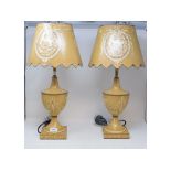 A pair of vase shaped table lamps and shades, with painted decoration Modern