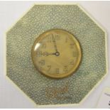 A desk strut timepiece, in an octagonal shagreen frame, inscribed and dated, 11.5 cm high Report