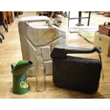 A Duckhams NOL Motor Oils quart oil pourer, a WWII (1945) BMB five gallon jerry can, grease guns,