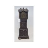 A 19th century painted metal miniature longcase clock, the 8.5 cm arched square brass dial signed