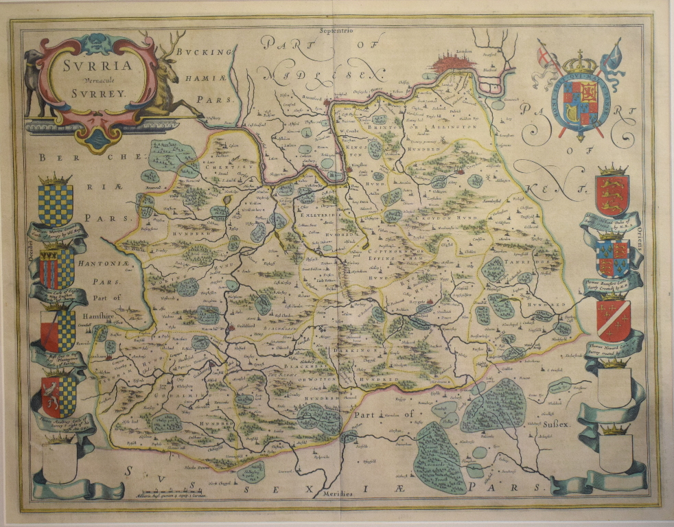 Surrey. A Willem Blaeu coloured map, Surria Vernacule Surrey, mounted, 40 x 51 cm Report by RB