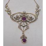 An Art Nouveau style 9ct gold, ruby, pearl and diamond pendant, on a 9ct gold chain Modern