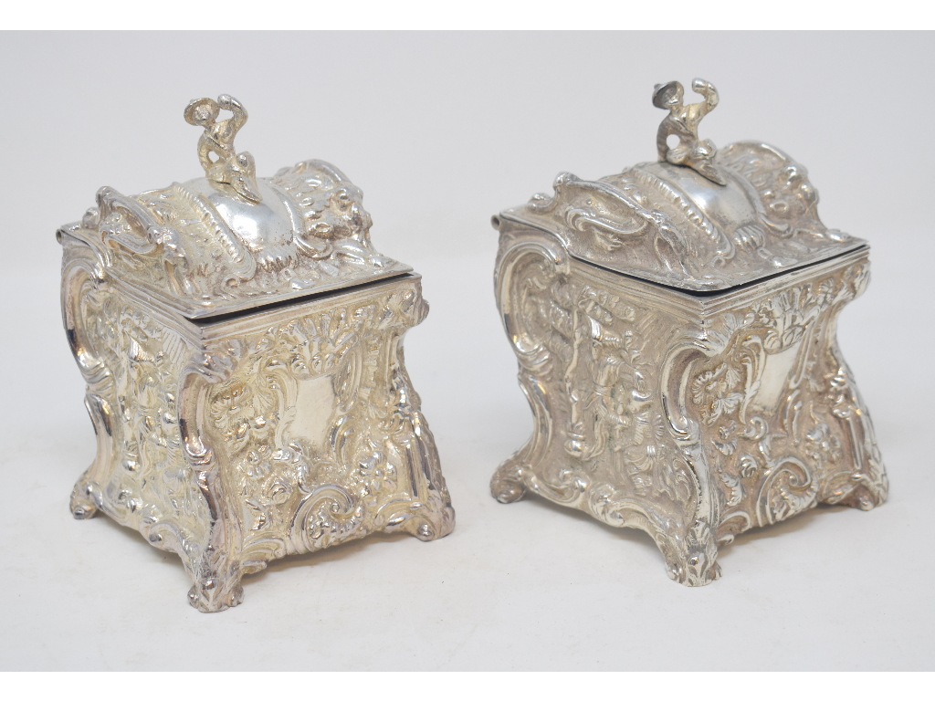 A pair of Rococo style plated tea caddies, 13 cm high (2) Modern