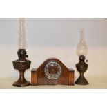 A mantel clock, an oil lamp, cutlery and other items (4 boxes)