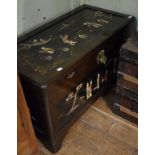 A Chinese coffer, the lacquer panels with shibayama style decoration, 101 cm wide