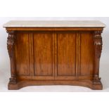 A mahogany console table/cabinet, the marble top above a pair of panel doors, flanked by panels