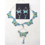 A silver and enamel butterfly necklace, and a pair of similar drop earrings (2) Modern