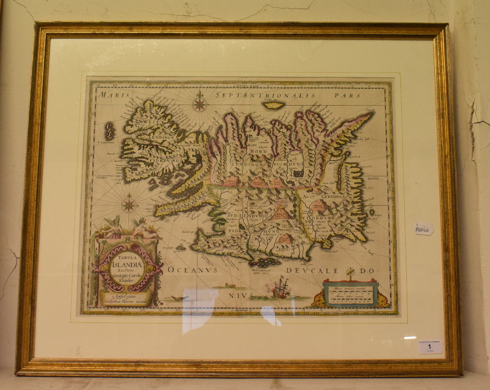 Iceland. A Blaeu tinted map, Tabula Islandiae Auctore Georgio Carolo Flandro, 39 x 51 cm See - Image 2 of 3