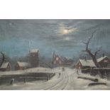 Continental school, late 19th century, a night scene, with figures going to church in a snow