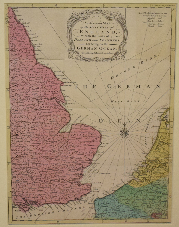 The German Ocean. A coloured map, An Accurate Map of the East Part of England with the Parts of