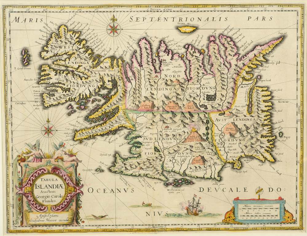 Iceland. A Blaeu tinted map, Tabula Islandiae Auctore Georgio Carolo Flandro, 39 x 51 cm See