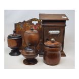 A treen fruitwood spice pot and cover, 12.5 cm high, other treen items and kitchenalia (box)