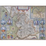 Lancashire. A John Speed coloured map, The Countie Pallatine Of Lancaster Described And Divided Into