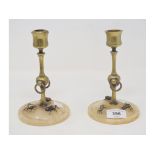 A pair of marble and brass candlesticks, applied hardstone/enamel beetles, 17 cm high (2)