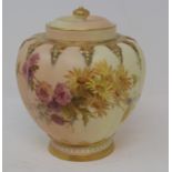 A Royal Worcester blush ivory jar and cover, painted flowers, 1312, 13.5 cm high