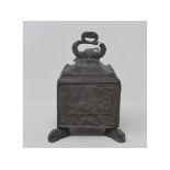 An early 19th century lead tobacco box and cover, decorated game, the internal cover with rabbit