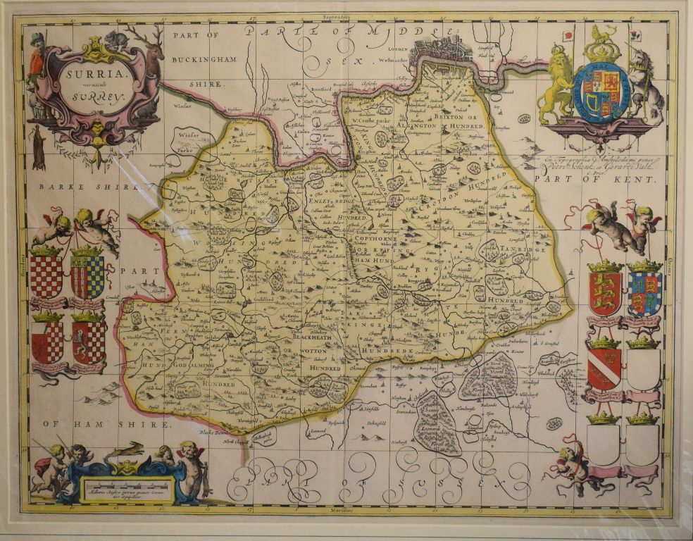 Surrey. A Petri Schenk Gerardi Valk coloured map, Surria Vernacule Surrey, mounted, 39 x 50.5 cm